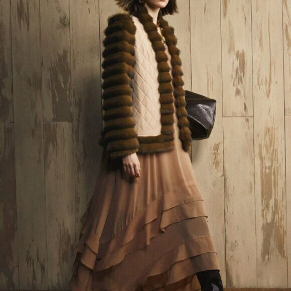 Khaki Casual Women's Quilted Fluffy Coat with Fake Fur - Picture 3 of 9